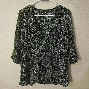 Zara Black White Print V Neck Ruffle Frill Peplum Hem Top (S)
